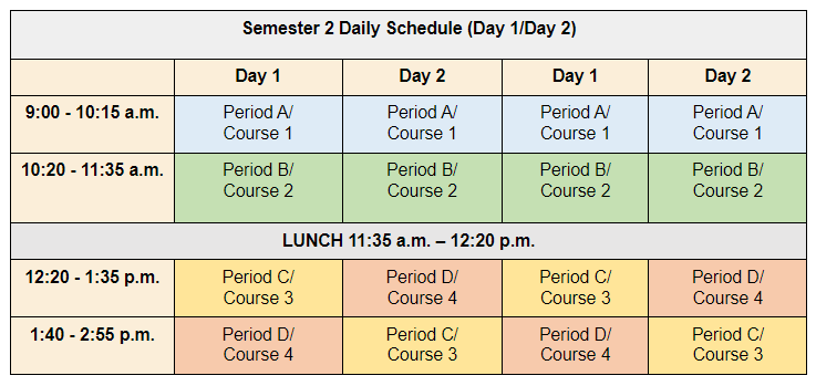 Semester 2 schedule 2022